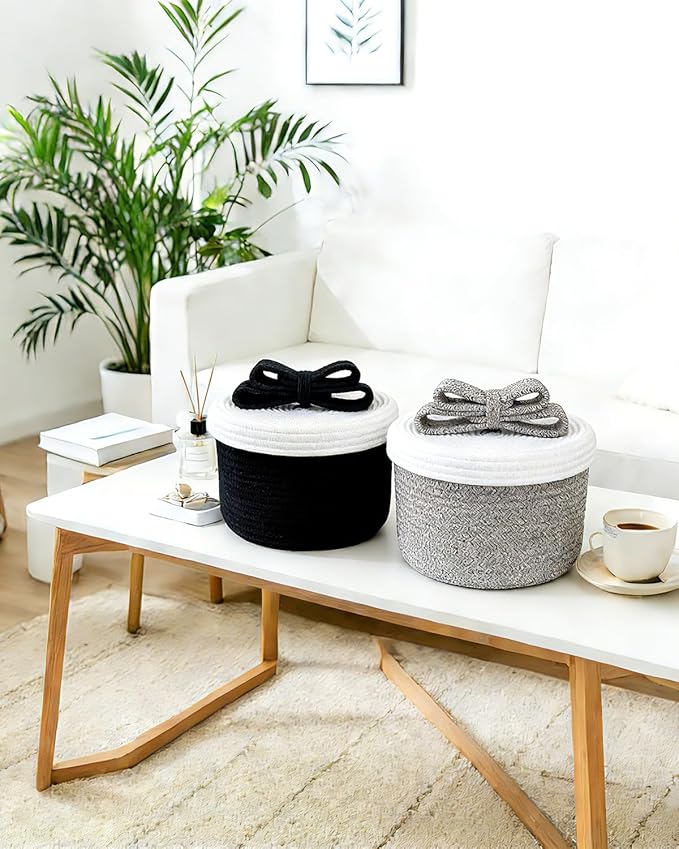 Decorative Storage Baskets with Lids, Small Woven Rope Basket with Lid, Decorative Basket for Home Decor, Dog Toy Storage Baskets with Cute Bow Handle, Black
