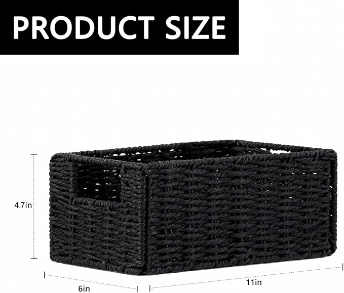 Small Wicker Baskets, Wicker Woven Storage Basket Toilet Paper Baskets with Handles, Towel Basket for Bathroom Organizing Shelves (Black)