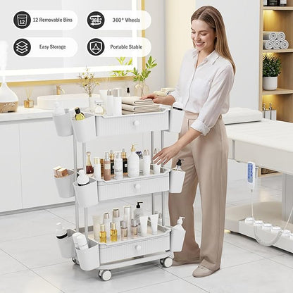 3 Tier Drawer Beauty Cart with 12 Movable Storage Organizer, Thickened ABS & 360° Wheels for Salon Station for Hair Stylist, Beauty Salon, Spa Massage Parlor, Makeup Organizer and More - White