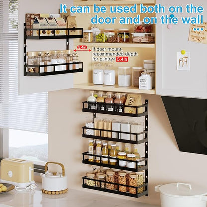 X-cosrack 6-Tier Wall-Mounted Spice Rack Organizer with Mixed Basket Sizes, Height-Adjustable Hanging Spice Shelf for Kitchen Pantry Cabinet, Large-Capacity Seasoning Holder, Black