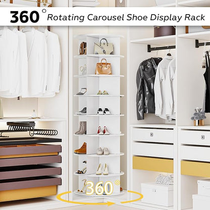 8 Tier Rotating Shoe Rack, Shoe Tower Organizer, Spinning Lazy Susan Display Storage Rack Round Carousel Vertical Handbag Closet (White, 23.6’’×23.6’’×72’’)