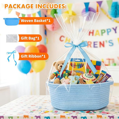 ShellKingdom Storage Basket with Handles, Empty Gift Basket with Gift Bags and Ribbon, Small Woven Baskets for Home, Nursery Storage Organizer, 12 X 8 X 5 INCH, Light Blue