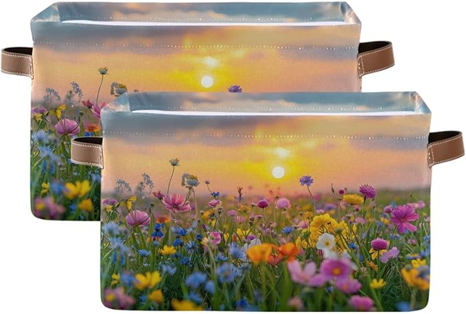 Large Storage Basket Beautiful Sunset Storage Bin Cube Canvas Fabric Organizer Handles Collapsible for Clothes Toys Bedroom Decorative