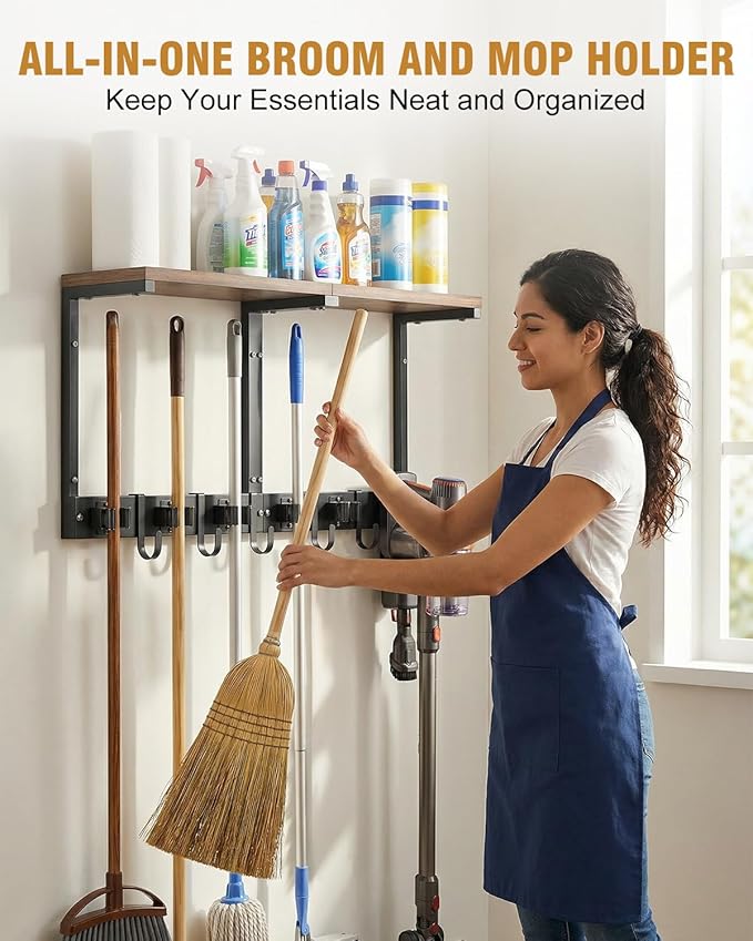 Supforce Broom Holder Wall Mount with Top Wooden Shelf, Heavy Duty Metal Cleaning Supplies Broom Hanger with Vacuum Organizer and 5 Slots & 5 Hooks for Laundry Garage Tool Storage Kitchen (Large)