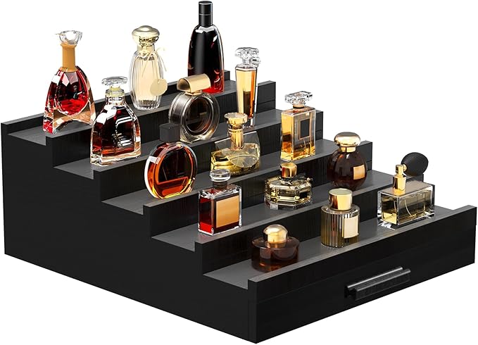 Wooden Cologne Organizer for Men 5 Tier of Perfume Display Holder of Drawer & 2 Hidden Compartments Larger Storage Space Mens Perfume Organizer Shelf Stand,Gift for Man (5T-Black)