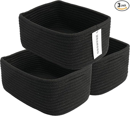 XUANGUO Small Woven Storage Baskets 12“X8”X5“ Decorative Rope Bins for Organizing Shelves, Closets, and Toys, Empty Gift Baskets, Cute Organizer Basket for Home and Office (black, regular)