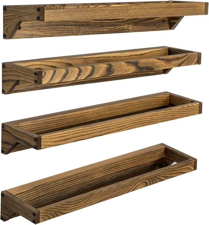 MyGift Set of 4 Rustic Burnt Solid Wood Hanging Shoe Storage Organizer Racks, Wall Mounted Space Saving Footwear Holder for Closet, Mudroom, Entryway, Holds 8 Pairs