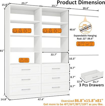 Closet System with 6 Drawers & 8 Shelves, Wood Closet Organizer System with 2 Extra Hanging Rod for Walk in Closet, Modular Closet Organizer System White(4FT)