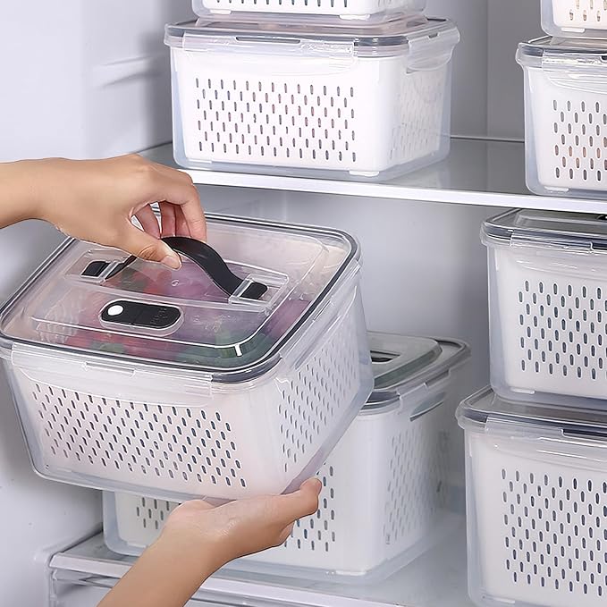 4 Pack Large Fruit Storage Containers for Fridge with vent holes and handle，Airtight Food Storage Containers Keep Fruits, Vegetables, Berry, Fresh longer,BPA-free Fridge Storage Container with Lid