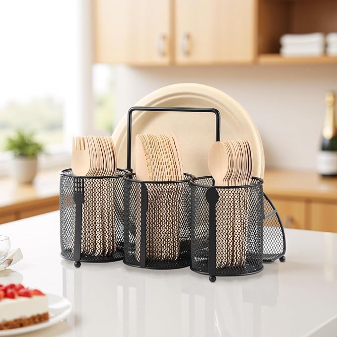Utensil Caddy Silverware Holder for Party, Metal Mesh Cutlery Storage Organizer for Forks Spoons Napkins Plates, Perfect for Kitchen, Buffet, Picnic, Camping & Outdoor BBQ