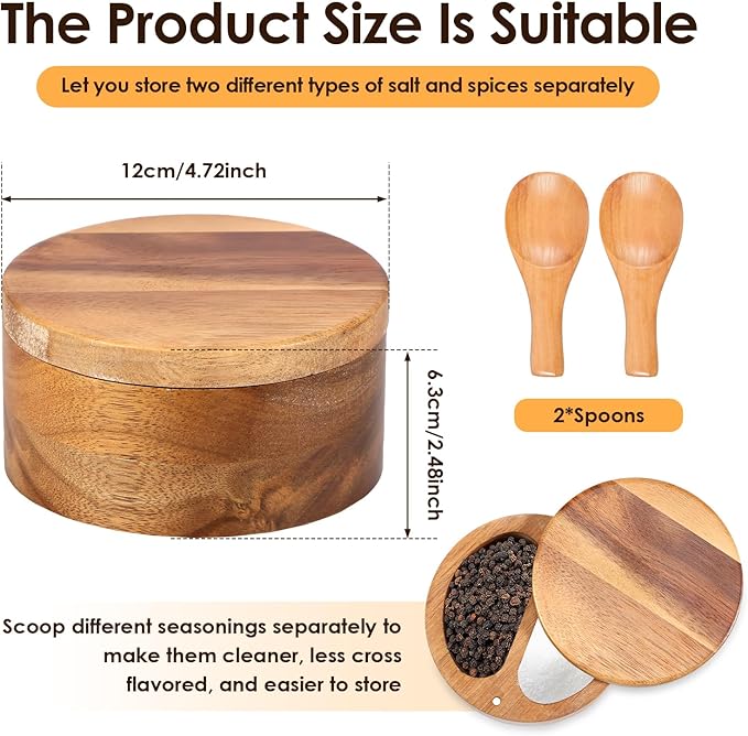 UKQRRTC Salt and Pepper Bowl Acacia Wood Salt and Pepper Box with Rotating Magnetic Lid 2 Compartments Salt and Pepper Cellar with Spoons Salt Spice Box for Salt Pepper Spice Sugar