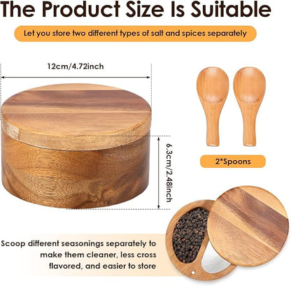 UKQRRTC Salt and Pepper Bowl Acacia Wood Salt and Pepper Box with Rotating Magnetic Lid 2 Compartments Salt and Pepper Cellar with Spoons Salt Spice Box for Salt Pepper Spice Sugar