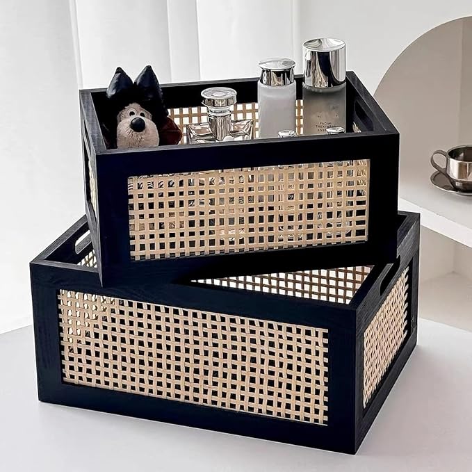 Storage Basket, Wooden Bamboo Weaving Storage Basket Hand-Woven Desktop Storage Bins for Toys, Snacks, Office/Home Supplies, Cosmetics, etc. (S)