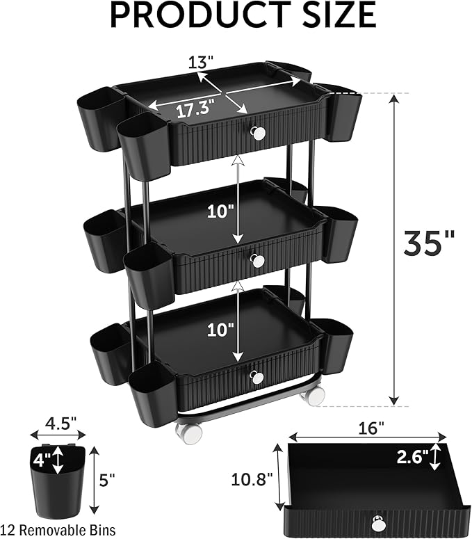 3 Tier Drawer Beauty Cart with 12 Movable Storage Organizer, Thickened ABS & 360° Wheels for Salon Station for Hair Stylist, Beauty Salon, Spa Massage Parlor, Makeup Organizer and More - Black