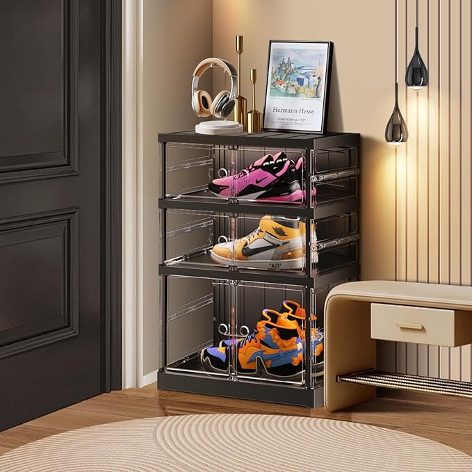 CIMLORD 3 Tier Foldable Shoe Rack for Closet Entryway 3-6 Pairs Stackable Clear Shoe Storage Boxes with Lids Small Shoes Shelf with Door Plastic Organizer Cabinet Easy Assembly Black