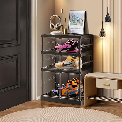 CIMLORD 3 Tier Foldable Shoe Rack for Closet Entryway 3-6 Pairs Stackable Clear Shoe Storage Boxes with Lids Small Shoes Shelf with Door Plastic Organizer Cabinet Easy Assembly Black