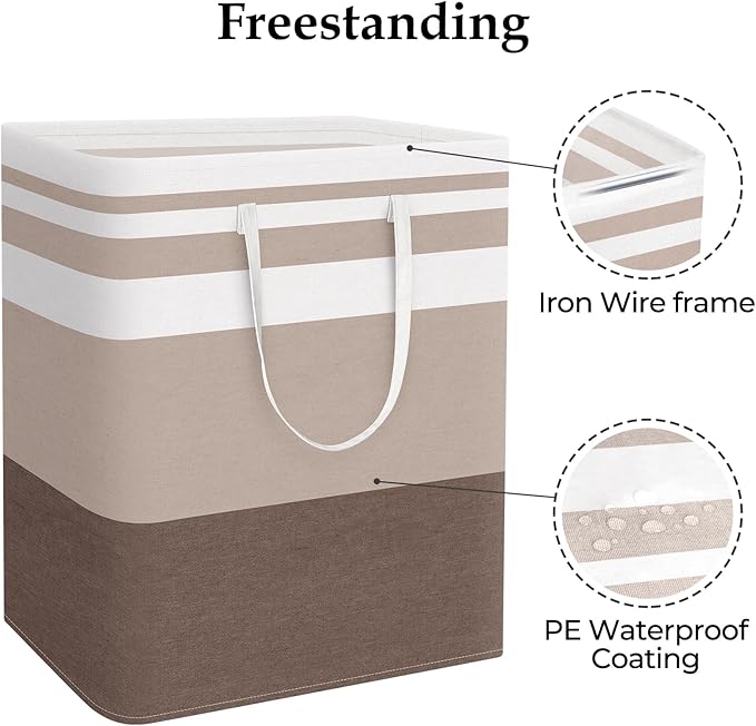 StorageRight Large Collapsible Laundry Basket Hamper with Easy Carry Handles，Freestanding Clothes Hampers for Laundry, Bedroom, Dorm, Towels, Toys, 125L, Khaki