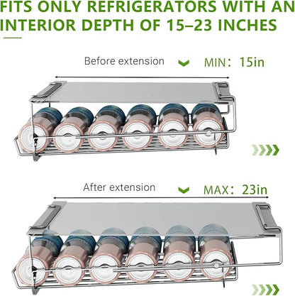 Refrigerator Hanging Soda Can Dispenser for Refrigerator Stainless Steel Double Row Fridge Drink Organizer Holds Up to 10 Cans of Soda Fits Fridges 15-23in Inner Depth