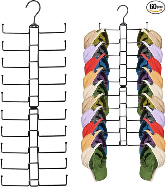 Hat Organizer for Closet, Rotatable Hat Hanger with 20 Large Hooks, Holds Up to 60 Baseball Caps, Collapsible Metal Space Saving Caps Rack for Display, Storage and Closet Organizers, White