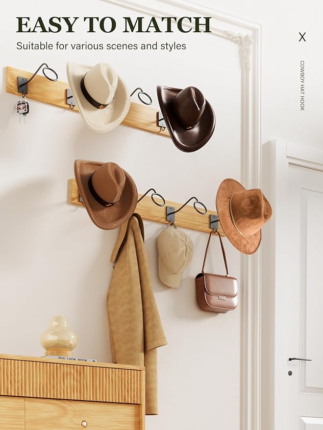 Cinati Cowboy Hat Rack for Wall 8 Pack, Cowboy Hat Holder Wall Mount, Western Rustic Metal Hats Hanger Hooks Organizer for Fedora,Sun Hats,Wide Brim, Extra Hooks for baseball Caps,Western Room Decor