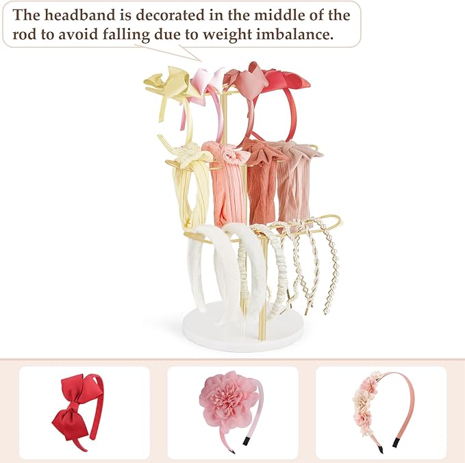 Dahey Headband Holder Organizer Metal 3-Tier Hair Hoop Display Stand Headband Organizer Storage Hair Ropes Accessories Bracelets Bangles Bedroom College Dorm Decor for Girls Women, Gold