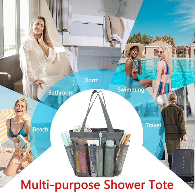 Fammart Mesh Shower Caddy Portable for College Dorm Room Essentials, Odorless Polyester Large Shower Tote Bag with Dual Handles, 8-Pocket Quick-Dry Toiletry Organizer for Travel, Beach, Camping, Gym