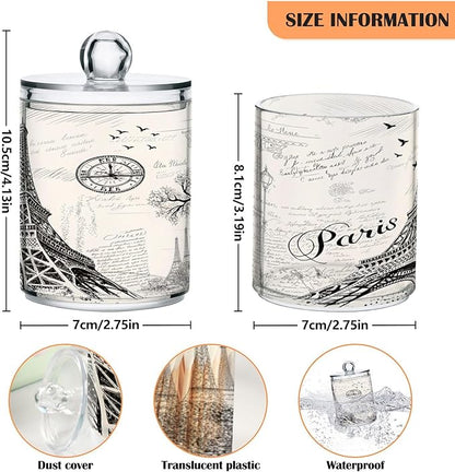 Paris Eiffel Tower Qtip Holder Dispenser 2 PCS Plastic Bathroom Canister Apothecary Jars with Lid 14 oz Vanity Makeup Storage Organizer for Cotton Swabs, Balls, Pads, Floss