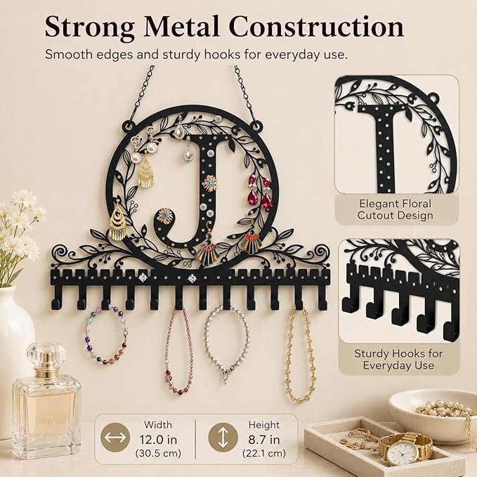 Wall-Mounted Metal Initial Letter J Earring Holder Hanging Jewelry Organizer for Earrings and Necklaces Space-Saving Wall Display with Hooks for Jewelry Storage