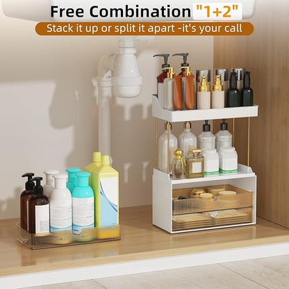 StorBin 3 Large Drawers Makeup Organizer - 5 Tier Bathroom Counter Organizers and Storage, Versatile Perfume Vanity Organizer, Ideal for Cosmetic, Large Skincare, Face Mask, Office Supplies, Amber
