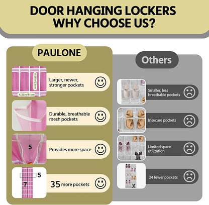 PAULONE 35 Pocket Over the Door Shoe Organizer,Reusable Breathable Large Mesh Bag Men's & Women's Sneaker Organizer,Shoe Organizer for Kids,Hanging Shoe Storage Hanging Bag (Pink)