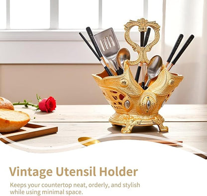 Cyrank Vintage Utensil Holder, Gold Kitchen Utensil Holder for Countertop Metal Utensil Organizer Silverware Caddy Storage Holder for Flatware, Cutlery, Spoon, Fork