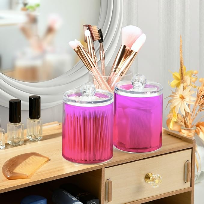 Magenta Purple Fuchsia Qtip Dispenser Apothecary Jars Bathroom Qtip Holder Storage Canister Plastic Jar 10 Oz for Cotton Ball Swab Round Pads Floss 2pcs