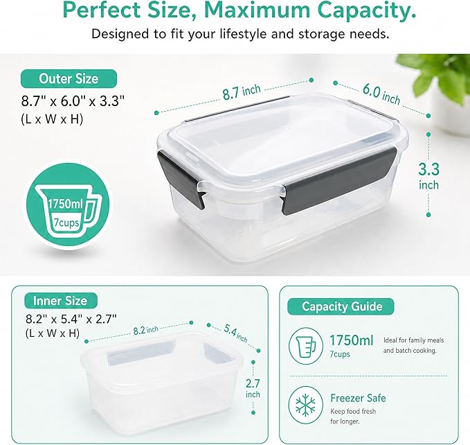 YORY 7 cup Plastic Food Storage Containers with Lids Nestable Freezer Dishwasher Safe Rectangle Meal Prep Container Set,5-Pack