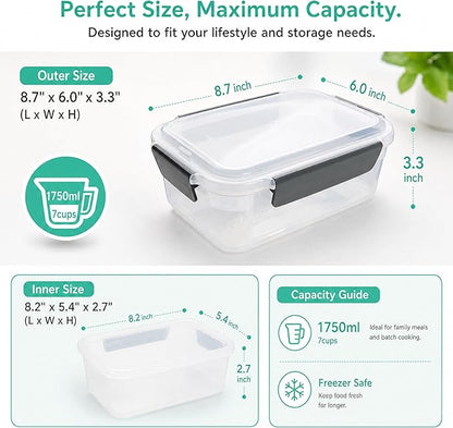 YORY 7 cup Plastic Food Storage Containers with Lids Nestable Freezer Dishwasher Safe Rectangle Meal Prep Container Set,5-Pack