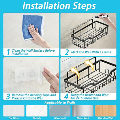 Fammart Adhesive Shower Caddy, 5-Pack Rustproof Stainless Steel Bathroom Organizer with 28 Hooks, No-Drill Large Capacity Shower Shelves for Bathroom Storage & Home Décor, Black