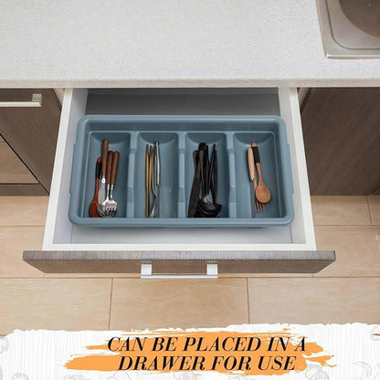 Maxdot 4 Pcs 20.5 x 11.9 x 3.7 Inch Silverware Organizer with Lid, Commercial 4-compartment Restaurant Kitchen Cutlery Tray, Plastic Silverware Storage Container, Condiments Holder (Grayish Blue)