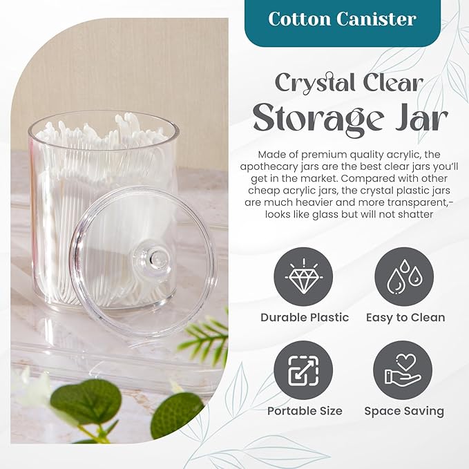 Qtip Holder Set, 4 Pack Clear Plastic Apothecary Jars with Lids for Cotton Swabs, Cotton Balls & Bathroom Vanity Organizer