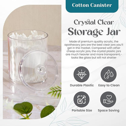 Qtip Holder Set, 4 Pack Clear Plastic Apothecary Jars with Lids for Cotton Swabs, Cotton Balls & Bathroom Vanity Organizer