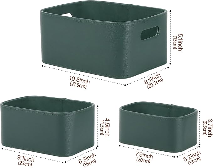 HofferRuffer Faux Leather Storage Baskets Bins with Velvet Lining for Organizing, Storage, Gifts, Set of 3 Nesting Shelf Baskets Decorative Storage Boxes for Home Organization (Green)