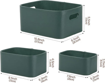 HofferRuffer Faux Leather Storage Baskets Bins with Velvet Lining for Organizing, Storage, Gifts, Set of 3 Nesting Shelf Baskets Decorative Storage Boxes for Home Organization (Green)