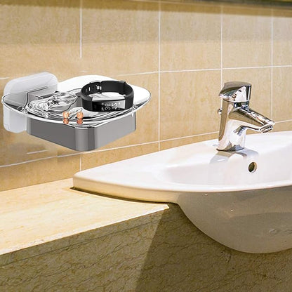 Shower Soap Holder, Wall Mounted Soap Dish, Soap Saver, Soap Tray, Bar Soap Holder for Shower Bathroom & Kitchen Accessories (White + Chrome, 4.49 x 4.33 in)