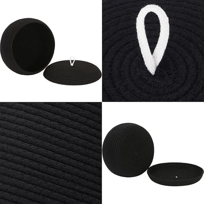 Sea Team Round Cotton Rope Storage Basket with Lid, Decorative Woven Storage Bin, Pot, Caddy, Organizer, Container for Snacks, Towels, Plants, 13 x 5.5 Inches (Large, Shallow, Black)