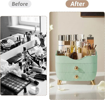 Makeup Organizer for Vanity, Large Capacity Skincare Cosmetic Organizer Countertop with 2 Drawers, Cosmetic Display Cases Makeup Storage Box for Bedroom, Bathroom, Ideal Gifts for Women(Green)