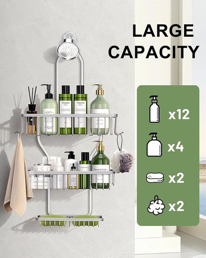 Shower Caddy Hanging - Never Rust Shower Hanging Organizer - Aluminum Over the ShowerHead Caddy with Soap Basket and 6 Hooks for Razor/Sponge (Frosted Silver)