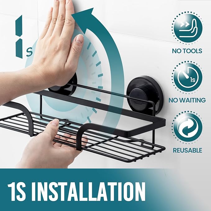 TAILI Shower Caddy Suction Cup 2 Pack, Heavy Duty Bathroom Basket, Bath Shelves for Inside, Stainless Steel Shower Holder for Bathroom Storage & Home Decor,Black