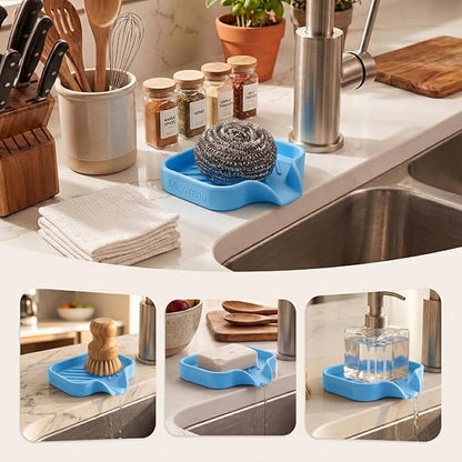 MicoYang Silicone Bathroom Soap Dishes with Drain Spout-Bathroom and Kitchen Sink Organizer,Sponge Holder,Dish Soap Tray,Perfect for Dispenser,Scrubber,Bottle on Sink or Counter-Light Blue 4.9"×3.2"