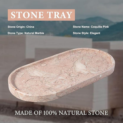 Koville Pink Marble Tray for Bathroom Countertop, Vanity Tray Stone Trays for Decor, Natural Marble Decorative Tray for Dresser Organizer, Storage Trays for Perfume, Jewelry, Cosmetics(Coquille Pink)