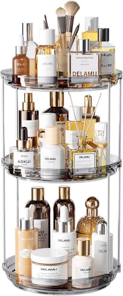 Delamu 3 Tier Rotating Makeup Organizer for Vanity, Skincare Organizer for Bathroom Counter, Spinning Perfume Organizer Cosmetic Holder with Large Capacity, Grey
