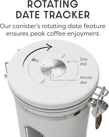 Veken Coffee Canister with Window, Airtight Stainless Steel Kitchen Food Storage Container with Lids, Date Tracker and Scoop for Grounds Coffee, Beans, Tea, Flour, Cereal, Sugar Jars, 22OZ, White