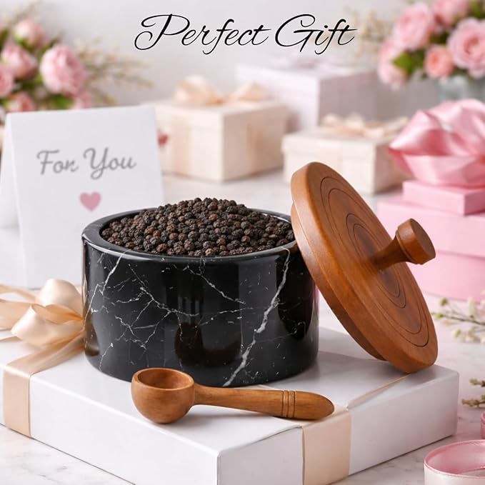 Marble salt cellar with lid and spoon, salt container with spoon, salt bowl with acacia wood lid, salt holder for countertop, salt jar - Black